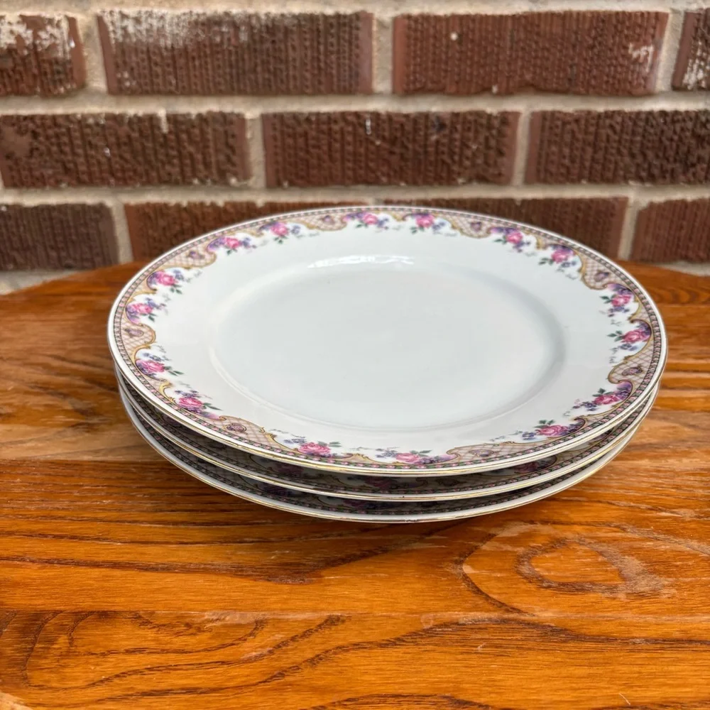 Vtg Victoria Czecho-slovakia Dinner plates  Pat. 272 Pink Roses gold basket 3 pc
